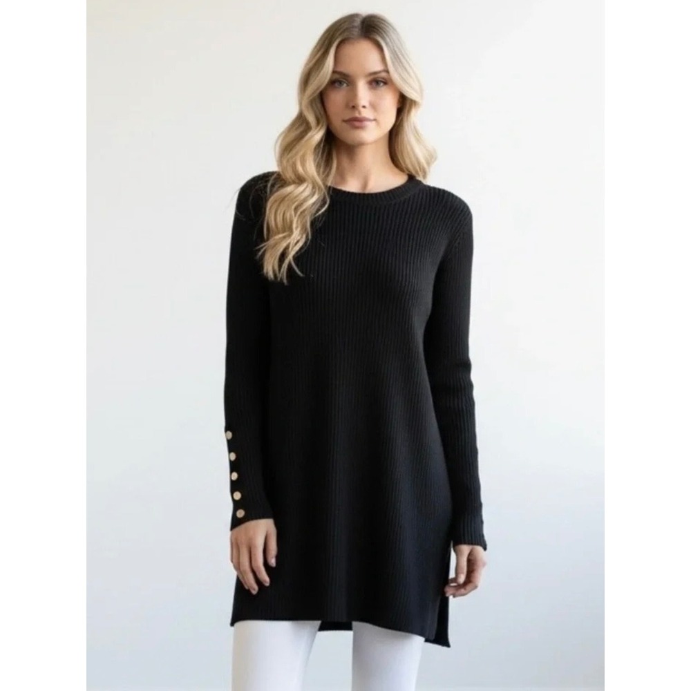 Carmen Marc Valvo Black Ribbed Tunic Sweater Gold Button Cuffs Size M